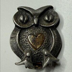 Vintage micro Silver tone & pewter Gold tone heart belly Owl Pin brooch